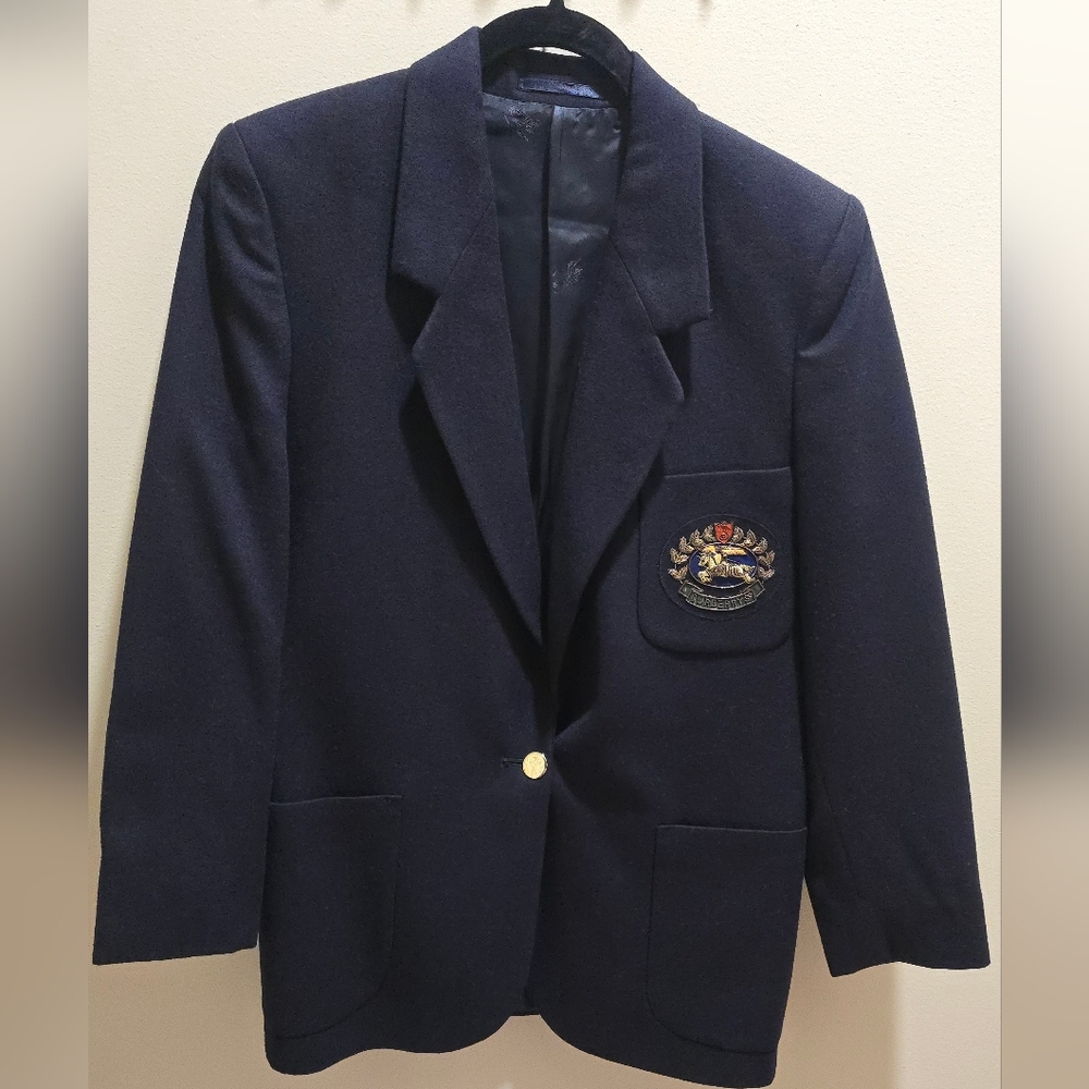 Vintage Burberry Blazer Jacket Womens Navy Blue Wool Cashmere Blend Size 6